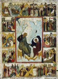 パトモス島の伝道者聖ヨハネ、16 世紀初頭の生涯の場面。 作： Russian icon.