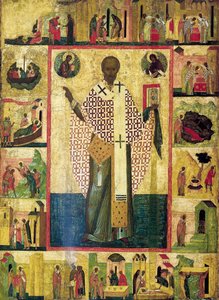 ザライスクの聖ニコラウスと彼の生涯の場面、16 世紀初頭。 作： Russian icon.