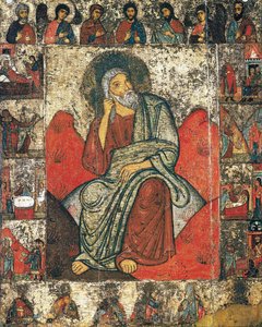 荒野の預言者エリヤと彼の生涯とディーシスの場面、13日から14日の最初の3分の1 作： Russian icon.