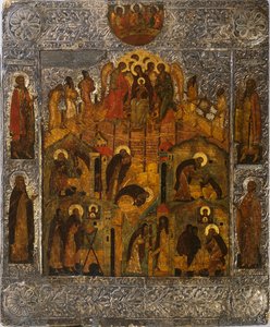 聖アレクサンドル・スヴィルスキーへの聖母マリアの啓示、1600年代。 作： Russian icon.