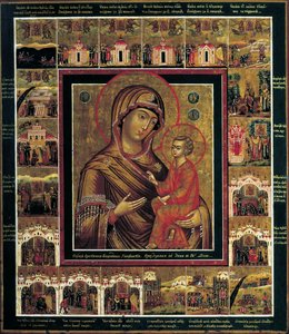 19 世紀の第 1 四半期、ボーダー シーンのあるチフヴィンの聖母。 作： Russian icon.