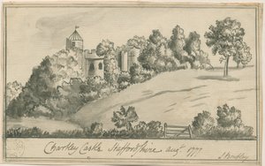チャートリー城：セピア色のデッサン、1777年8月 作： S Bentley