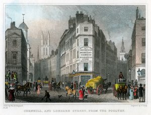 1830年、ロンドン市の家禽からコーンヒルとロンバードストリート。 作： S. Lacey