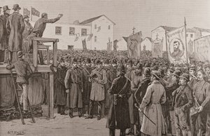 1887 年 1 月 8 日、「The Illustrated London News」からの「選挙運動計画」で政府記者を守る警察 (彫刻) 作： S. T. Dadd