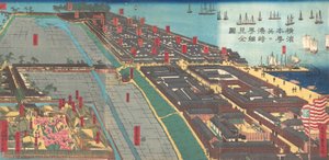 横浜本町とみよざき歓楽街の詳細版画、4月。 1860年。 作： Sadahide Utagawa