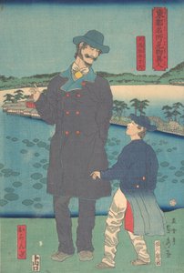不忍池の弁天神社を眺めるオランダ人と子供 1861年7月 作： Sadahide Utagawa