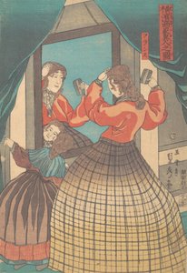 フランスの女性と少女、シリーズ「横浜の外国商人」、1861年。 作： Sadahide Utagawa