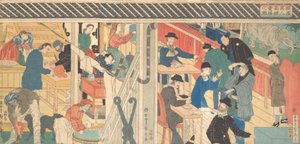 1861年、横浜の貿易ビルの販売室。 作： Sadahide Utagawa