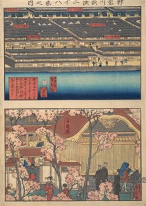 2つのビュー：海岸町3丁目と4丁目の水辺と鳥居の入り口、1860年4月。 作： Sadahide Utagawa