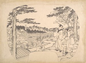 見晴らしの良い場所から景色を眺める2人の女性...善福寺、19世紀。 作： Sadahide Utagawa