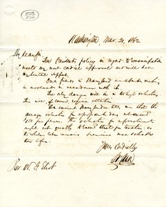 1862年3月31日、ワシントンのS.P.チェイスからW.G.エリオットへの署名入り書簡 作： Salmon P. Chase