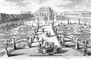ヨハン・アウグスト・コルヴィヌス（1683-1738）による「ウィーン、ヨーゼフシュタットの庭と家の眺め」（エングレーヴィング