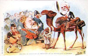1903年、ロンドンに到着したフランス共和国大統領エミール・ルベ（1838-1929）を描いた風刺画（カラーリトグラフ版）