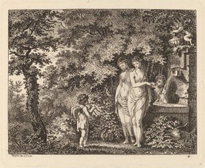 噴水で 3 人の女の子とエロス、1770 年。 作： Salomon Gessner