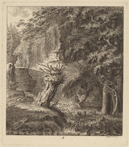 1764年、ポラードの木のある樹木が茂った風景。 作： Salomon Gessner
