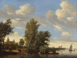 フェリーのある川の風景、1649年。