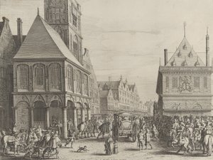 市庁舎の前でマリー・ド・メディシスに別れを告げる市の治安判事、Caspar Barlaus..., 1638. 作： Salomon Savery