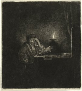 キャンドルライトのそばのテーブルにいる学生 作： Salomon Savery