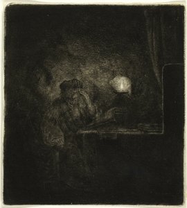キャンドルライトのそばのテーブルにいる学生 作： Salomon Savery