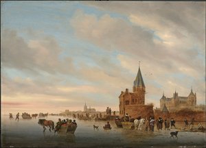 1652年、アルンハイムの街のカプリッチョの前で氷の喜びのある冬の風景 作： Salomon van Ruisdael or Ruysdael
