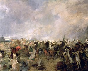 グアダレテの戦い タリク イブン ジヤードのイスラム教徒の騎兵隊の存在下でロデリック王の命令から逃れたゴート族の詳細、711 AD (キャンバスに油彩) (詳細) 作： Salvador Martinez Cubells