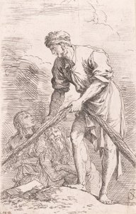 「置物」シリーズより、後ろに 2 人の人物がいる網を引っ張る男。 ...、約。 1656-1657。