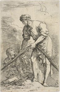 置物シリーズから、後ろに 2 人の人物がいる網を引く男性 作： Salvator Rosa