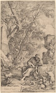 瞑想中のデモクリトス 作： Salvator Rosa