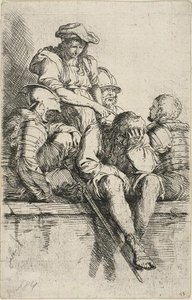 フィギュアシリーズより、四人の戦士と一人を指さす立ち姿の青年 作： Salvator Rosa