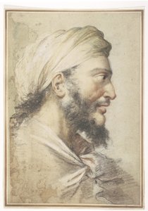 右横顔にターバンを巻いたあごひげを生やした男性の頭部 作： Salvator Rosa
