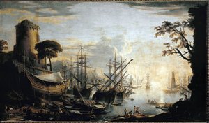 港のマリーナ。サルヴァトルローザによる絵画 作： Salvator Rosa