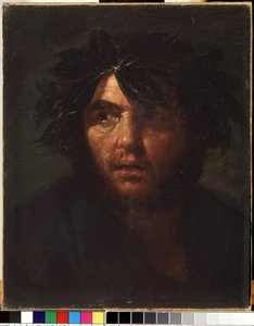 「月桂樹の花輪を持つ男の肖像」 サルヴァトール (サルヴァトーレ) ローザ (1615-1673) による絵画 カウナス州立 M. チュルリオニス美術館 作： Salvator Rosa