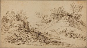 素朴な家のある岩の多い風景 作： Salvator Rosa
