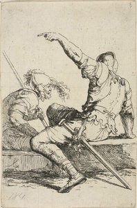 低い岩に座る二人の戦士 作： Salvator Rosa