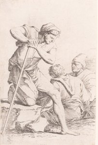 座っている 2 人の男性と、石の上にひざまずいて杖を持っているもう 1 人の男性。 1656-1657。