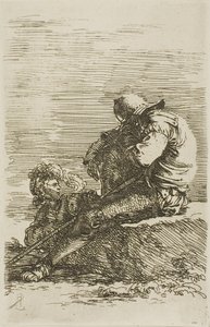 二人の戦士、一人は前景の岩の上に座って眠っている（フィギュリン・シリーズより 作： Salvator Rosa