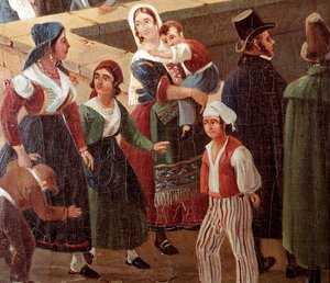 ナポリの伝統的な衣装：庶民 サルヴァトーレ・フェルゴラ（1799-1877）が描いた絵の詳細 1859年 サン・マルティーノ国立博物館 作： Salvatore Fergola