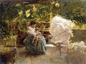 ベランダで子供と一緒にいる母親（キャンバスに油彩） 作： Salvatore Postiglione