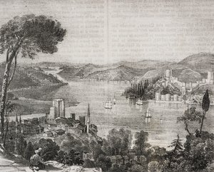 Bosphorus castles on coasts of Asia and Europe, Turkey, lithograph by Gaetano Riccio from Poliorama Pittoresco, n 18, December 9   1458326   ja       japanese Successfully Translated  Original: Sailing Ships in a Rough Sea Translat: Sailing Ships in a Roug 作： Salvatore Puglia