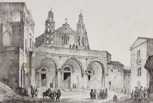 Sessa Auruncan katedraalin julkisivu, Campania, Italia, Salvatore Puglian litografia Pasquale Mattein (1813-1879) piirtämänä Poliorama Pittorescosta, n:o 42, 24. toukokuuta 作： Salvatore Puglia