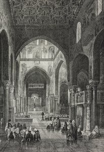 Interior da Capela Palatina no Palazzo dei Normanni ou Palácio Real em Palermo, Sicília, Itália, litografia de Salvatore Puglia de Poliorama Pittoresco, n 41, 21 de maio