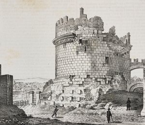 Mausoléu de Cecilia Metella na Via Appia, Roma, Lazio, Itália, litografia de Salvatore Puglia de Poliorama Pittoresco, n 20, 21 de dezembro 作： Salvatore Puglia