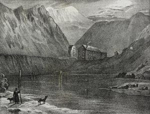 Vista do hospício Grande São Bernardo do lago, fronteira Itália-Suíça, litografia de Salvatore Puglia de Poliorama Pittoresco, n 9, 9 de outubro 作： Salvatore Puglia