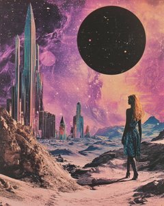 宇宙の都市風景の女性