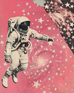 ピンクの銀河の宇宙飛行士