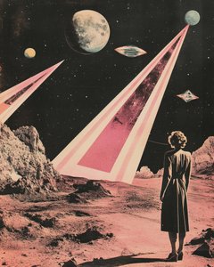 女性が異星の世界を眺める