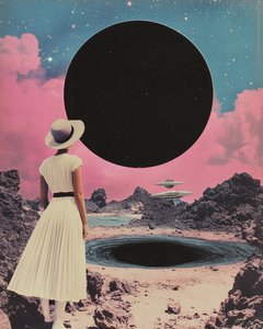 女性が宇宙の地平線を見つめる
