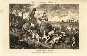 野ウサギを掘る猟犬の群れを見守る騎馬の猟師 作： Samuel (after) Howitt