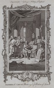 アルフレッド大帝が法律集を作る様子（彫刻 作： Samuel (after) Wale