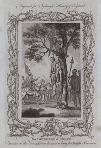 モーの総督がイギリス人捕虜を吊るしていた木の上で処刑される（版画 作： Samuel (after) Wale